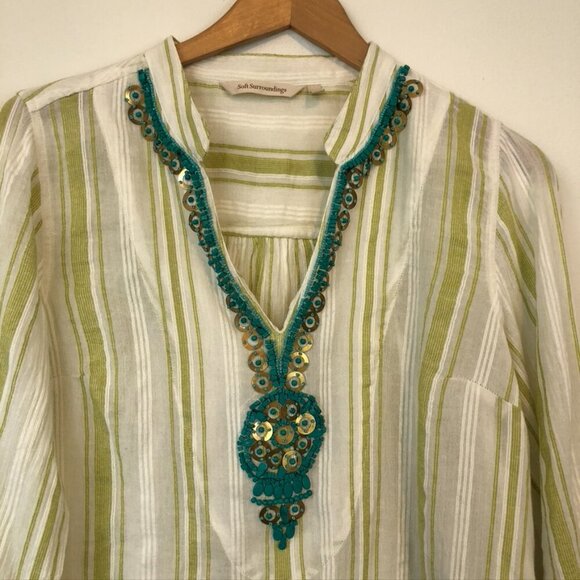 SOFT SURROUNDINGS Elisha Tunic Green White Striped Blue Beaded 100% Cotton Small - Picture 3 of 7